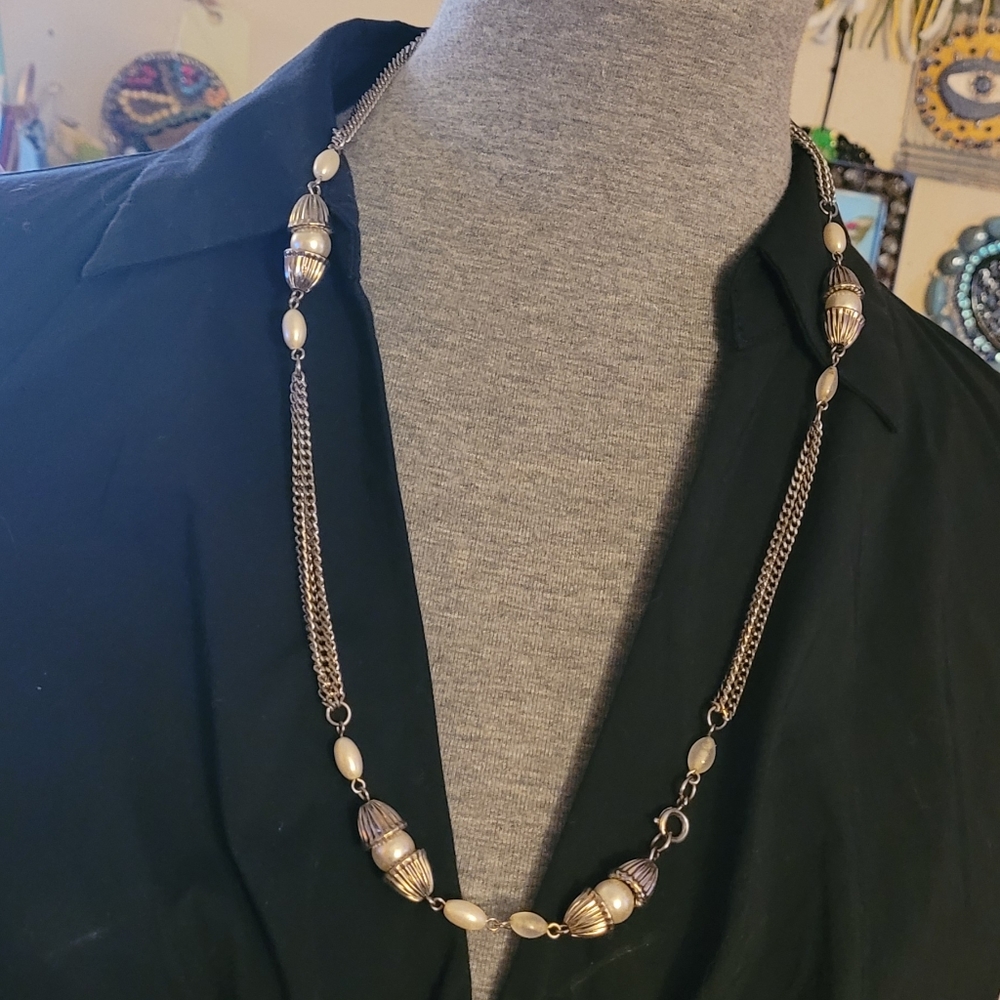 Silver plated chain necklace with faux pearls